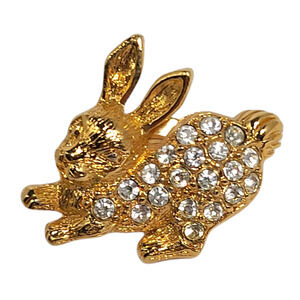 Easter Bunny Rabbit Brooch Lapel Pin Vintage Gold Tone Rhinestones